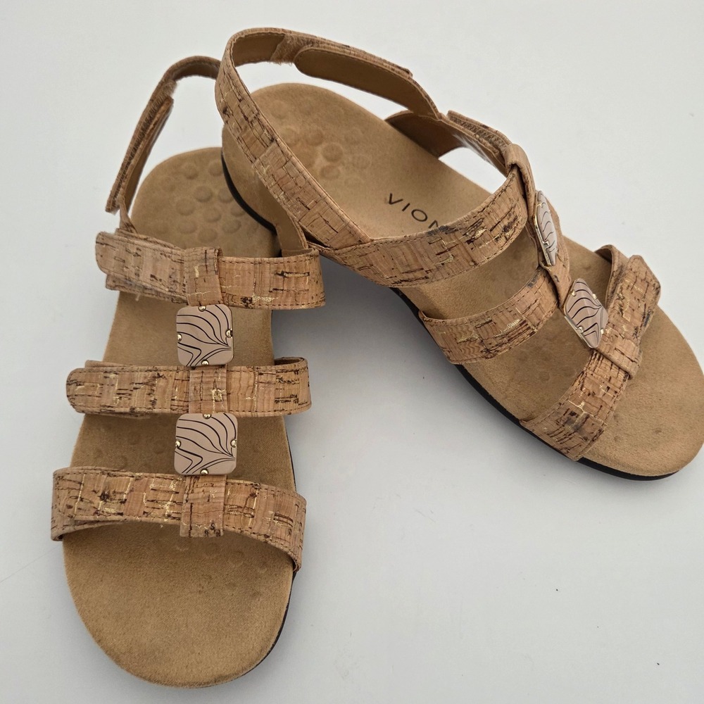 Vionic Amber Cork Gold Metallic Adjustable Strap Sandals Womens 8 Orthotic